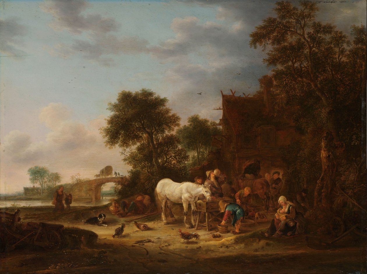 Herberg op het platteland met een paard bij de drinkbak door Isaac van Ostade