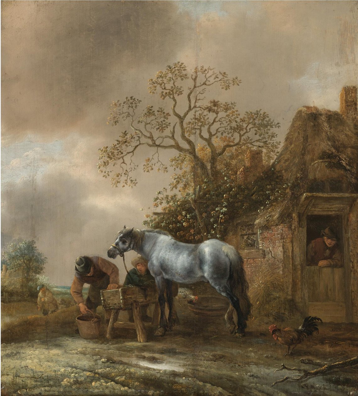 Landschap met boeren die een paard voeren voor een Cottage door Isaac van Ostade