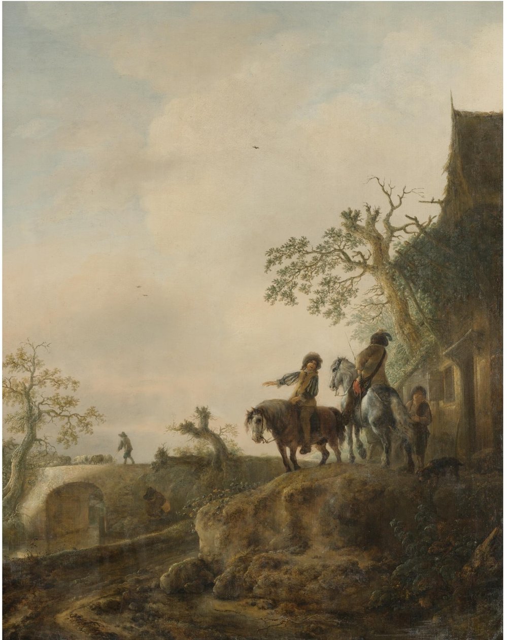 Landschap met ruiters die stoppen bij een herberg door Isaac van Ostade