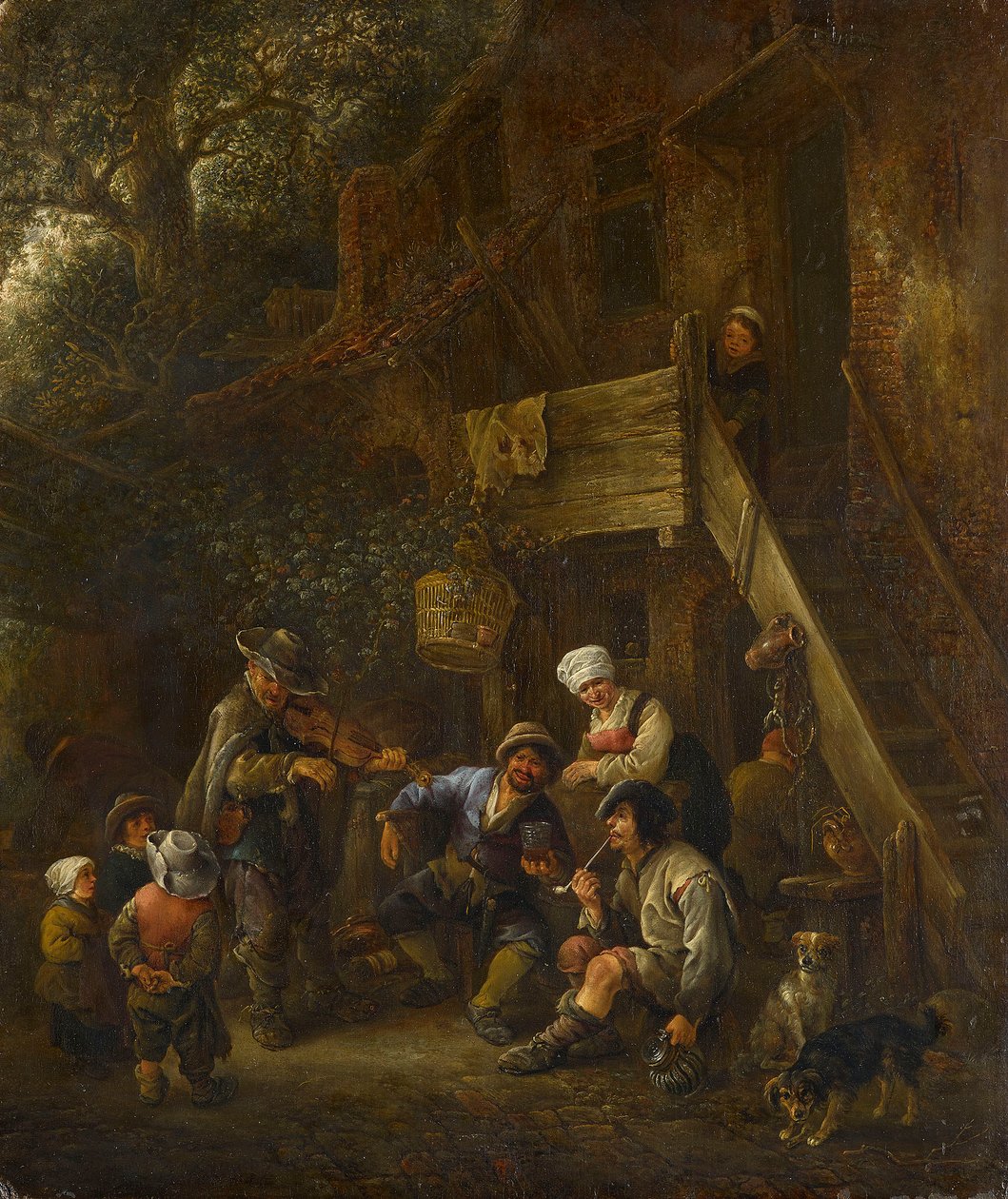 Boeren luisteren naar een blinde vioolspeler voor een Cottage door Isaac van Ostade