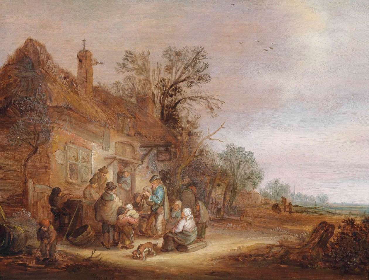 Boeren en muzikanten buiten een taverne door Isaac van Ostade