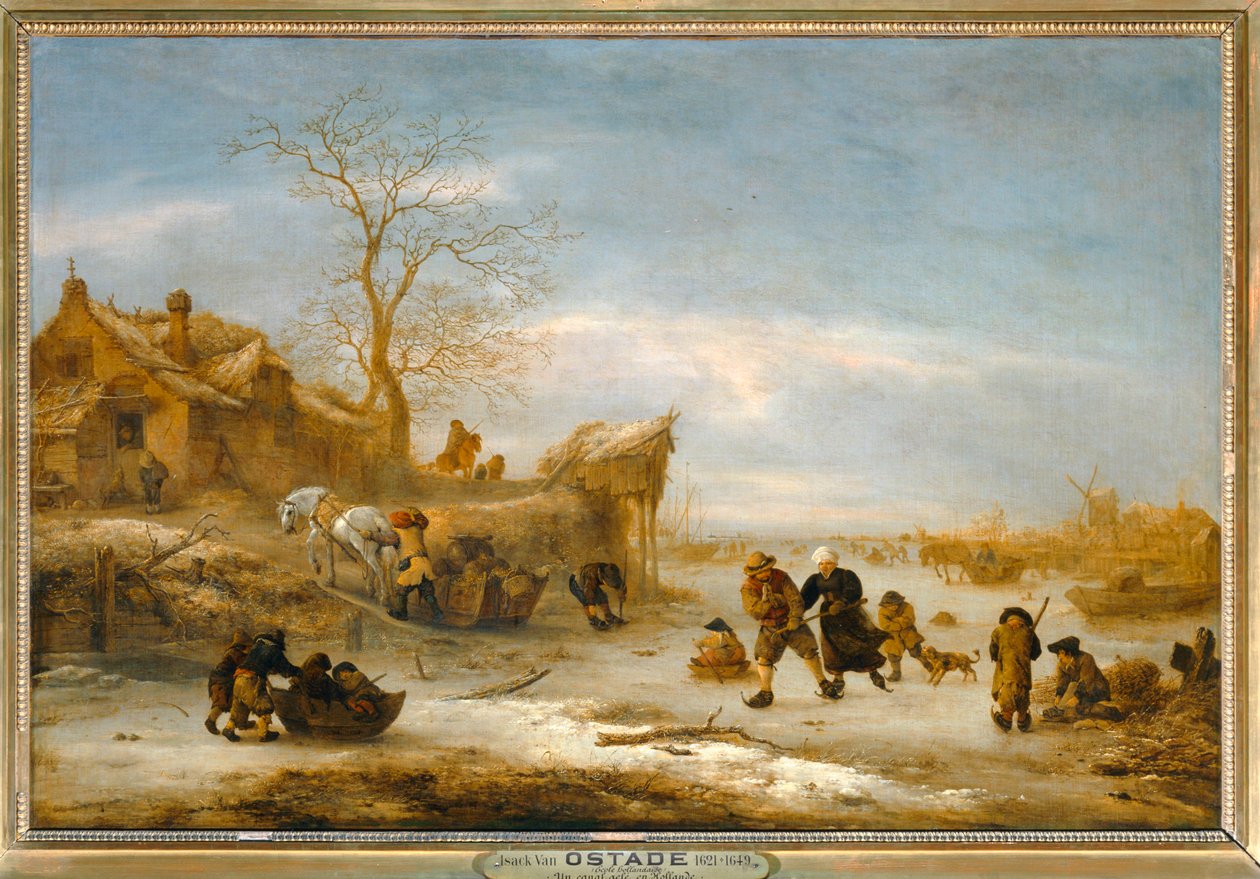 Gracht gele met schaatsend paar ... door Isaack Jansz van Ostade