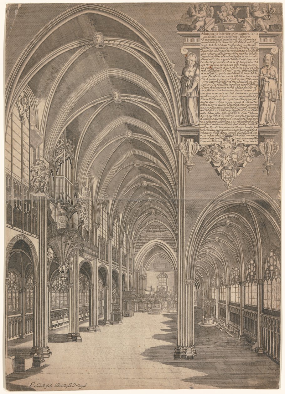 Gravure van het interieur van de kathedraal van Straatsburg in 1617 door Isaak Brun