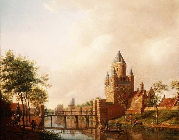 Een uitzicht op de Kleine Houtpoort in Haarlem met de Grote Houtpoort op de achtergrond door Isaac Ouwater