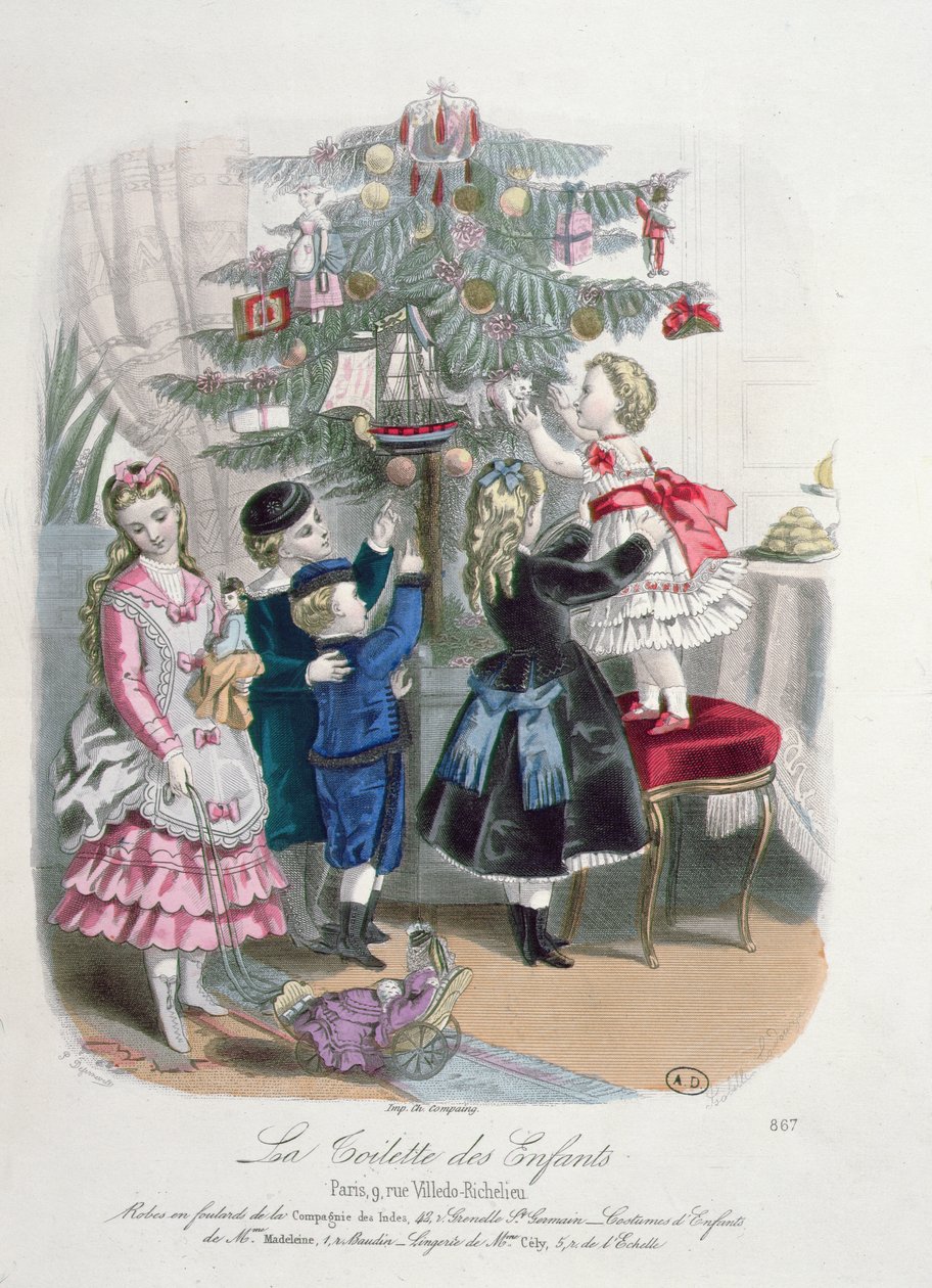De kerstboom versieren, advertentie voor La Toilette des Enfants, gegraveerd door P. Derfermeville, 1872 door Isabelle Codouze