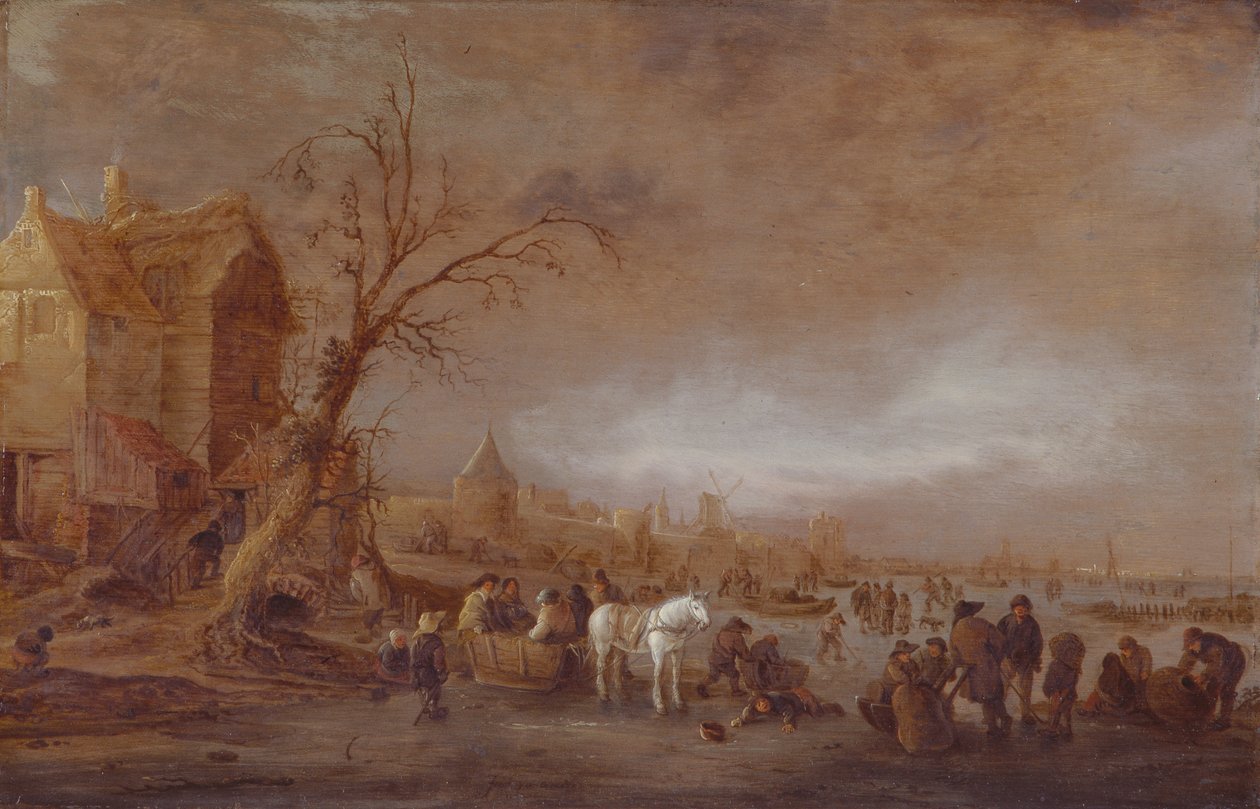 Winterlandschap met figuren op een bevroren rivier voor een ommuurde stad door Isack van Ostade