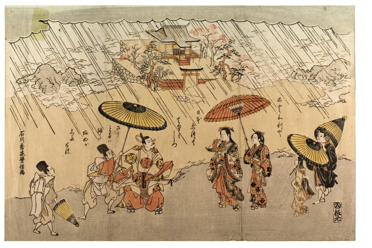 Kusttafereel in de regen door Ishikawa Toyonobu