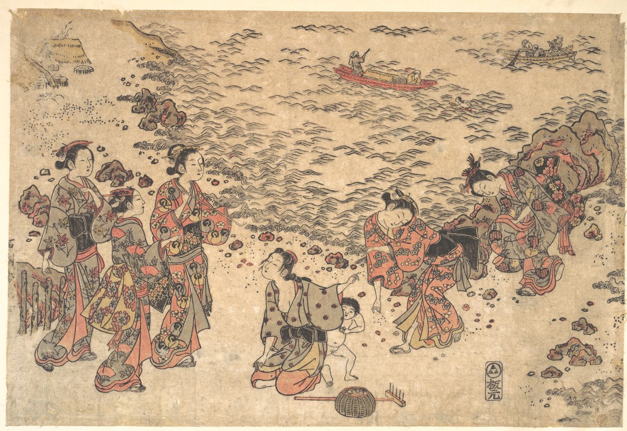 Vrouwen en een jongetje die schelpen verzamelen op een strand aan zee door Ishikawa Toyonobu
