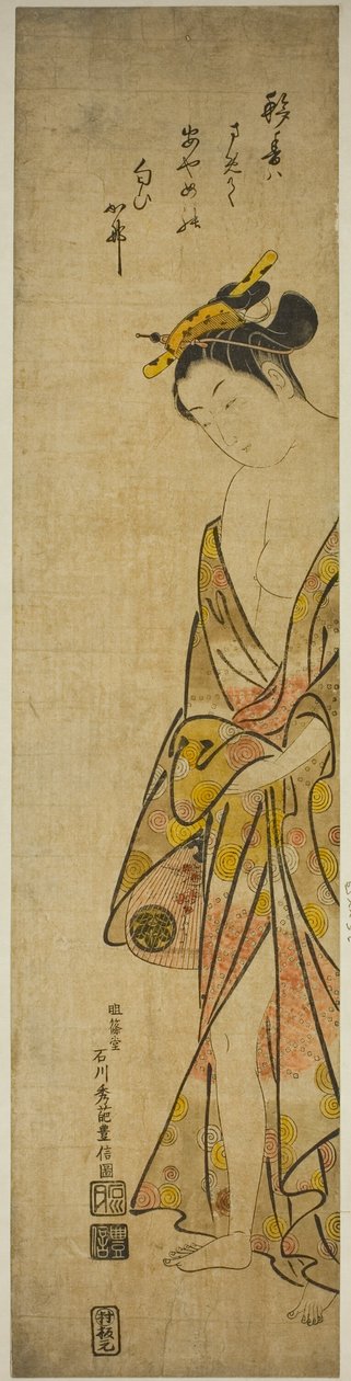 Jonge vrouw na een bad door Ishikawa Toyonobu
