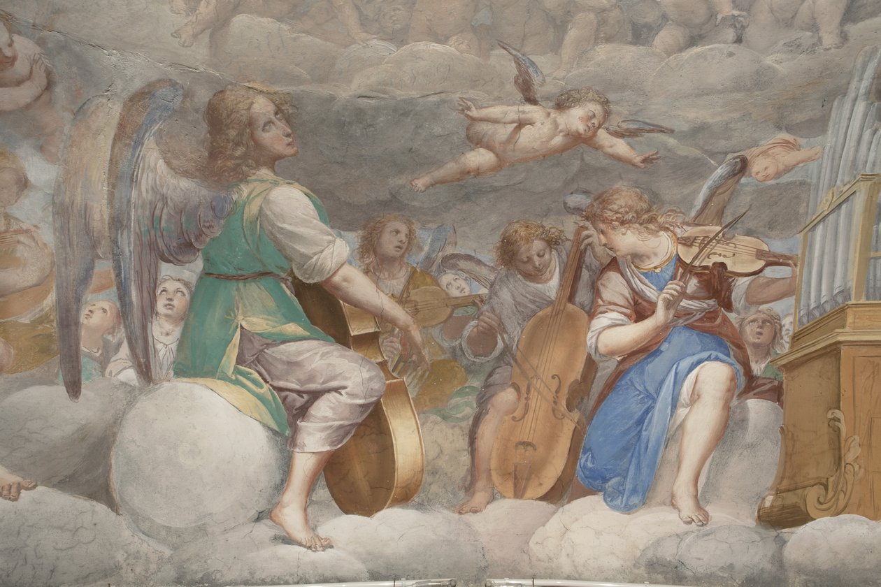 Engelen, muzikale engelen en putti, detail van Paradijs met eeuwige Vader (detail) door Isidoro Bianchi