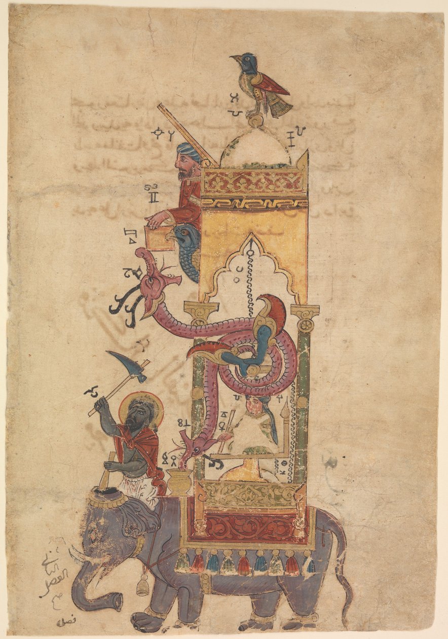 De olifantenklok uit een Boek van de Kennis van Vernuftige Mechanische Apparaten door al-Jazari, 1315 door Islamic School