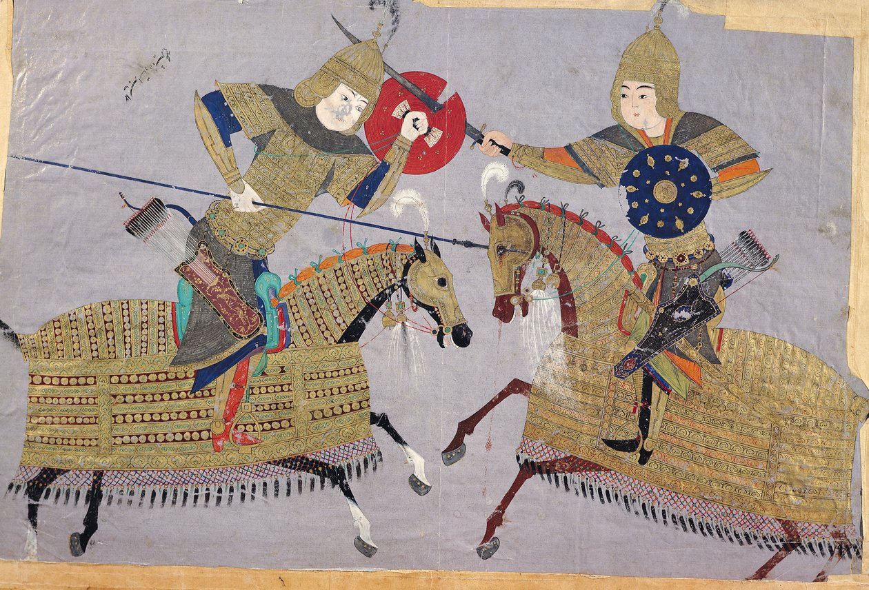 Twee krijgers te paard in gevecht, School van Tabriz, c.1480 door Islamic School