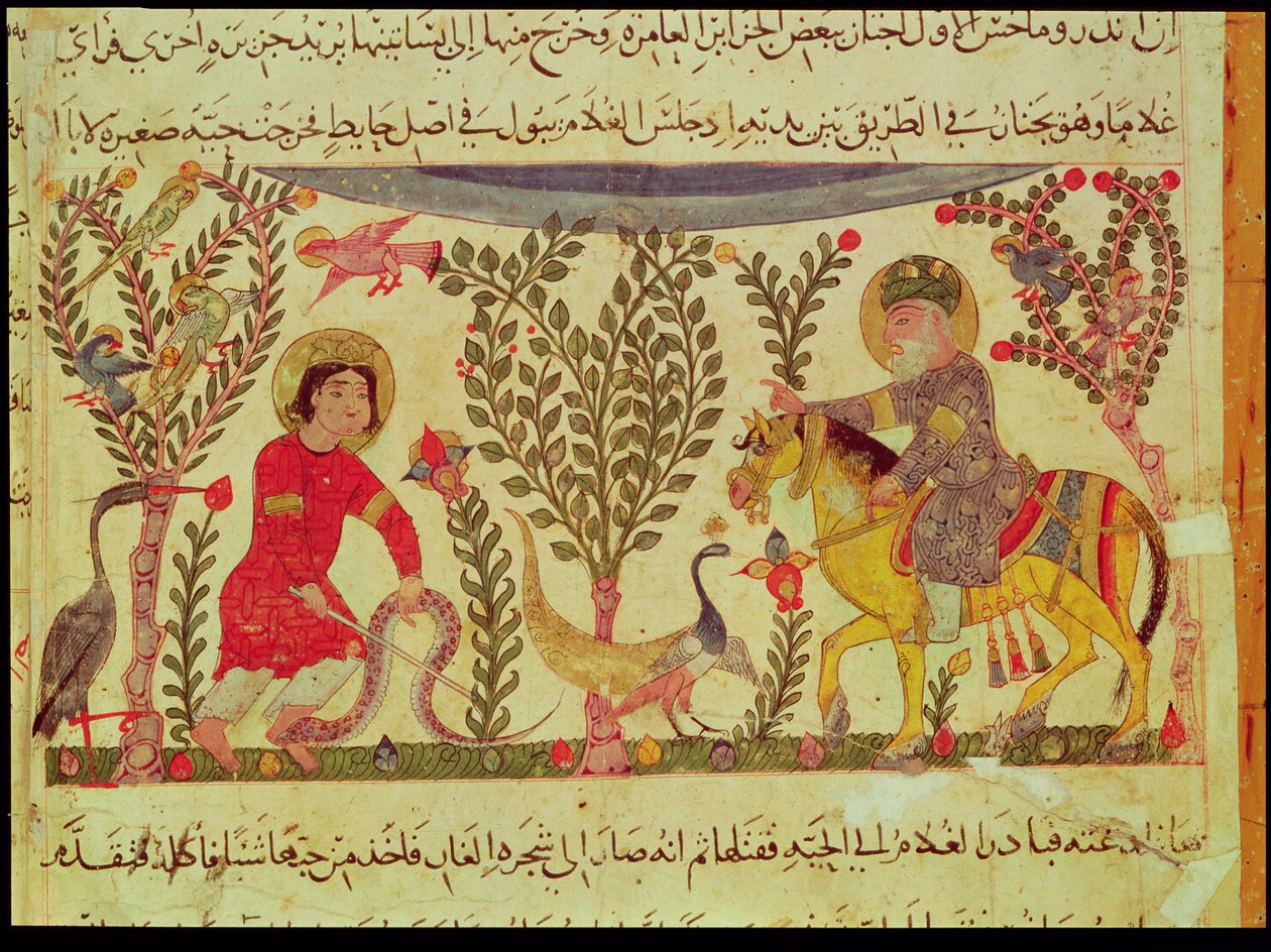 Een dokter die hulp biedt aan een man gebeten door een slang, manuscript uit een verhandeling van Dioscorides, 13e eeuw door Islamic School
