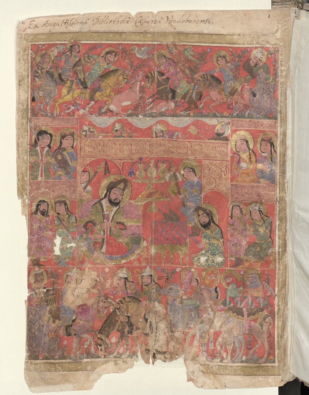 Volledige pagina: miniatuur: opdrachtafbeelding: midden-links een heersersfiguur, de opdrachtgever van het manuscript (miniatuur) door Islamic School