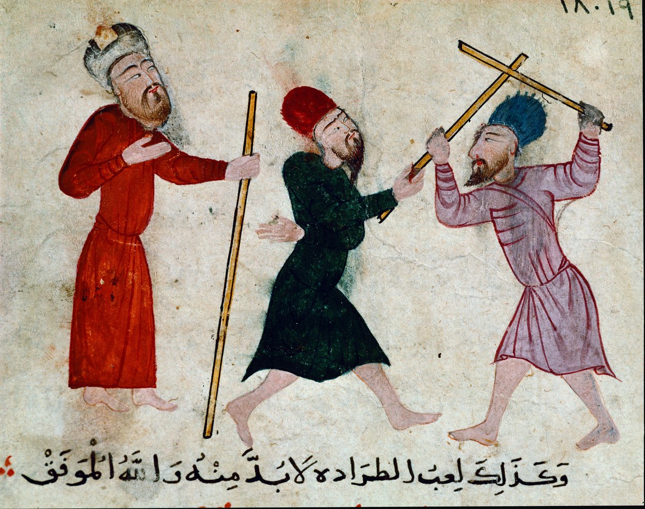 Islamitische kunst: tekening op perkament uit de Fatimidische periode (10e-11e eeuw) - Stokspel door Islamic School
