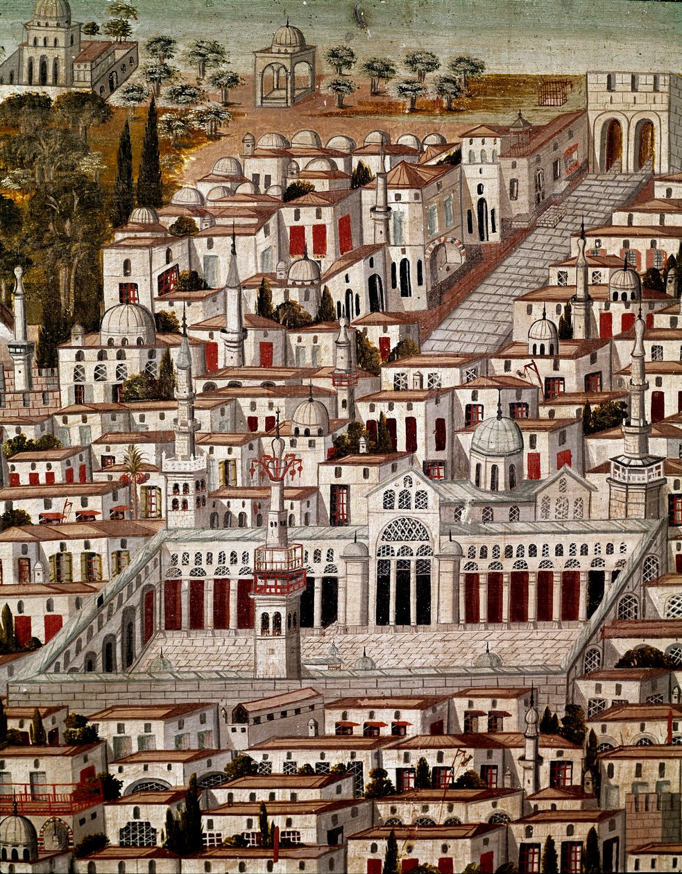 Islamitische kunst: Zicht op Damascus met de Grote Moskee van de Omajjaden van Damascus. Anonieme Syrische schildering van de 17e eeuw. Syrië, Damascus, Azempaleis door Islamic School