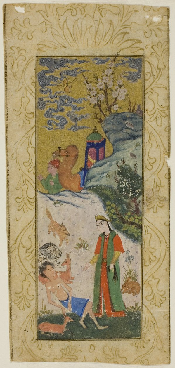 Layla bezoekt Majnun in de Woestijn, pagina uit een kopie van de Khamsa van Nizami door Islamic School