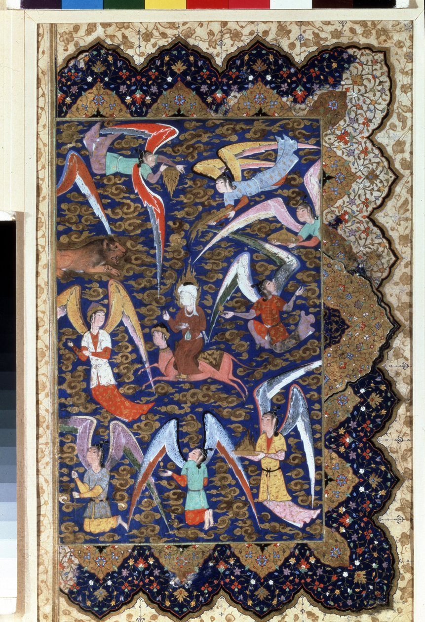De profeet Mohammed (570-632) (met bedekt gezicht) tijdens de Mirac, zijn hemelvaart naar de zevende hemel op zijn paard Al-Buraq, aquarel op perkament, 16e eeuw, Hermitage Museum, Sint-Petersburg door Islamic School