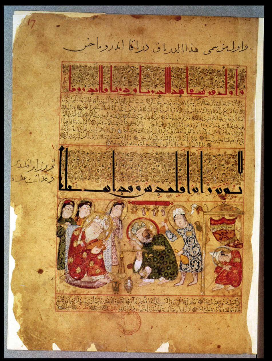 De dokter Anoromachus geneest zijn broer gebeten door een slang uit De Verhandeling van Theriac na Galenus, 1217 door Islamic School