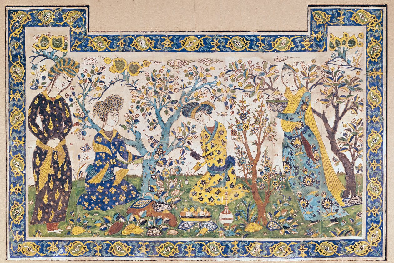 Muurschildering van figuren die ontspannen in een tuin, van de Tchehel Sutun of Paviljoen van Veertig Zuilen gebouwd door Shah Abbas II, Perzisch, uit Isfahan, Iran door Islamic School