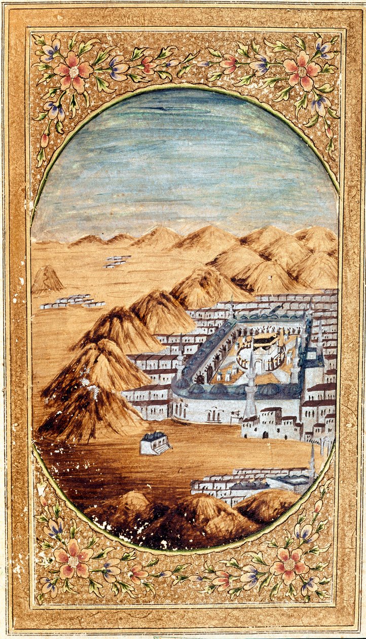 Uitzicht op Mekka (La Mekke), plaats van de moslimbedevaart, en de vlaktes van de berg Arafat (Arafah), Saoedi-Arabië. Pagina uit een editie van de Koran door Islamic School
