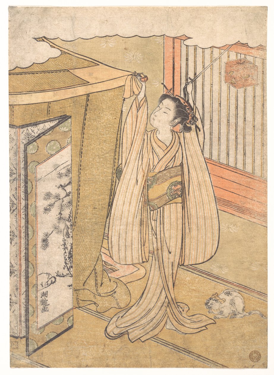 Een meisje hangt een klamboe boven haar bed op door Isoda Koryusai