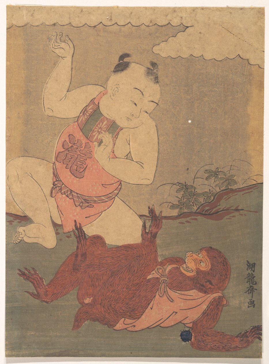 Een jongen en een aap die spelen door Isoda Koryusai