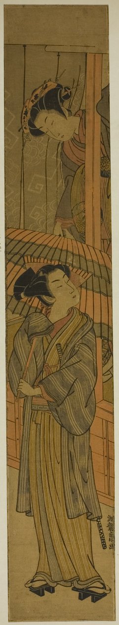 Courtesan die de paraplu van een jongeman trekt (parodie op Rashomon) door Isoda Koryusai