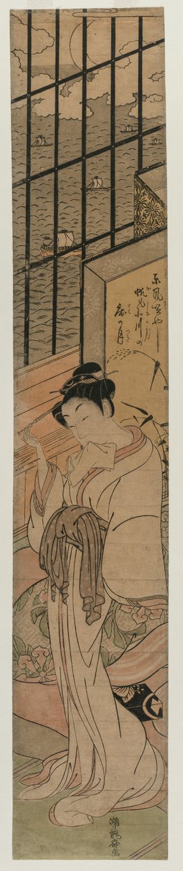 Courtisane in een Kamer met Uitzicht op de Baai van Edo door Isoda Koryusai