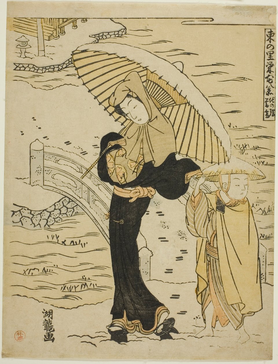 Avondsneeuw in Ikenohata (Ikenohata bosetsu), uit de serie "Acht uitzichten van welvaart in het oostelijke dorp (Azuma no sato eiga hakkei)" door Isoda Koryusai