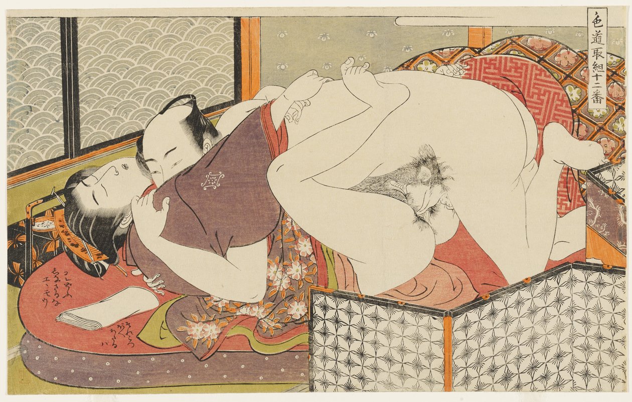 In de uitgaanswijken, nr. 3 uit Twaalf ontmoetingen op de weg der liefde (Shikidō torikumi jūniban) door Isoda Koryusai