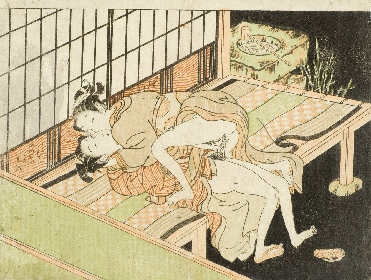 Geliefden op een veranda ’s nachts door Isoda Koryusai