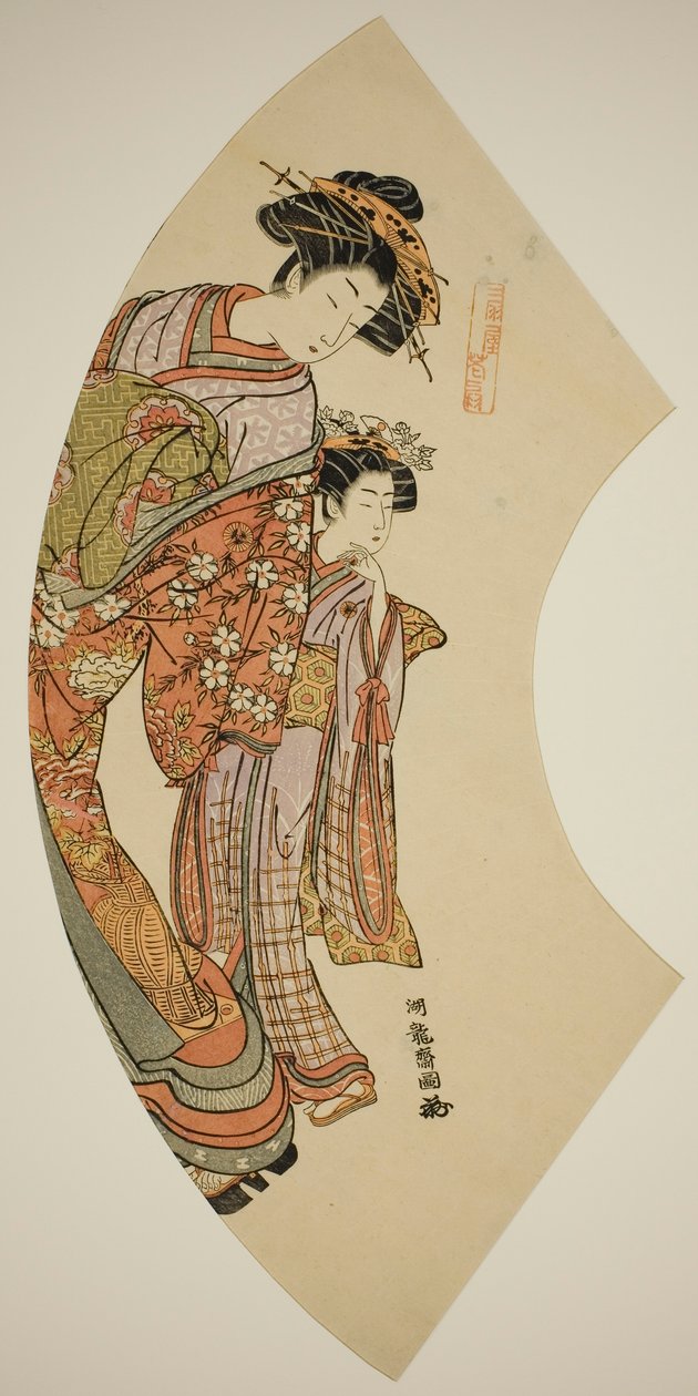 De Courtisane Hanaogi van de Ogiya en haar bediende, uit de serie "Waaier van het Oosten (Azuma ogi)" door Isoda Koryusai