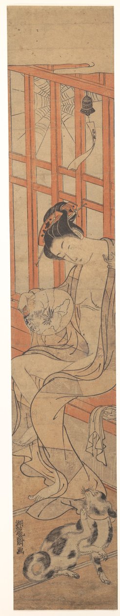 Frau fächert sich nach dem Bad door Isoda Koryusai