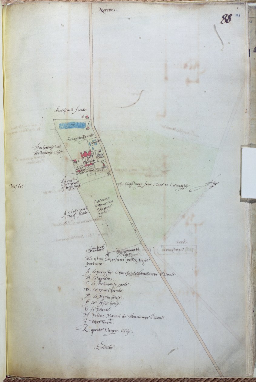Ms 255171 fol.88 Kaart van het dorp Belchamp St. Paul, 1576 (pen & inkt en aquarel op papier) door Israel Amyce