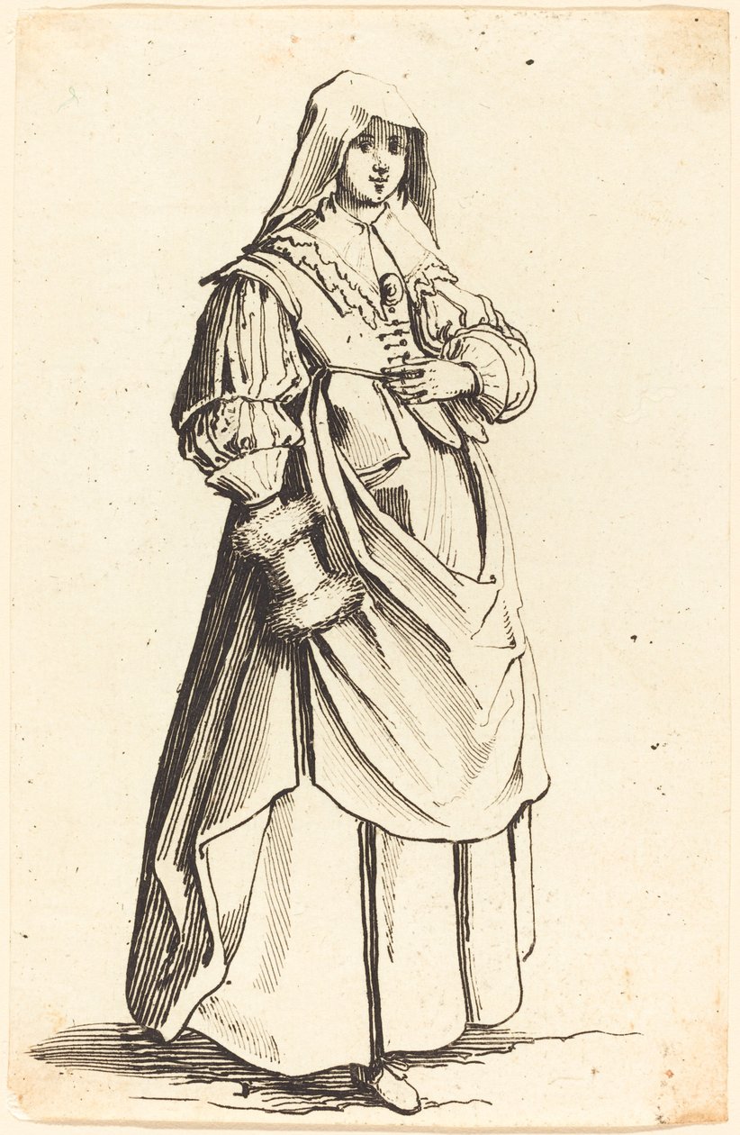 Bourgeoise met mof, naar rechts gericht door Israel Henriet after Jacques Callot