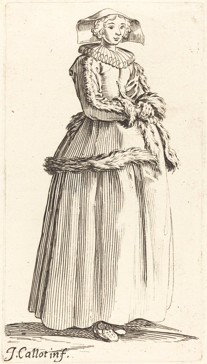 Jonge Vrouw met Gevouwen Handen, Naar Rechts door Israel Henriet after Jacques Callot