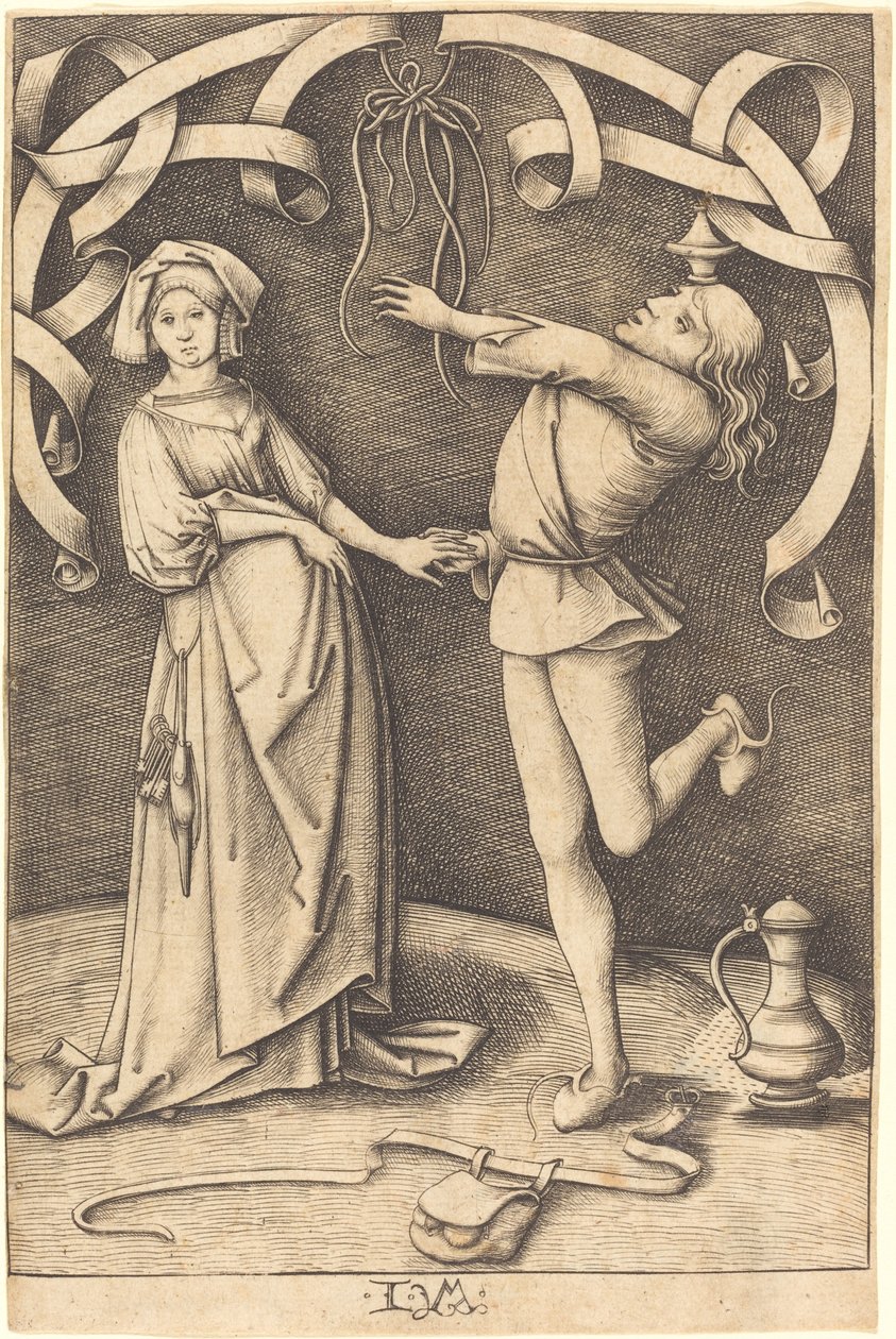 De goochelaar en de vrouw, ca. 1495-1503 door Israhel van Meckenem