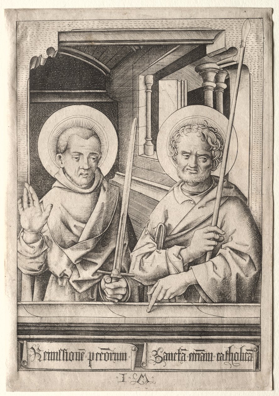 De Twaalf Apostelen: Sint Simon (?) en Sint Matteüs door Israhel van Meckenem