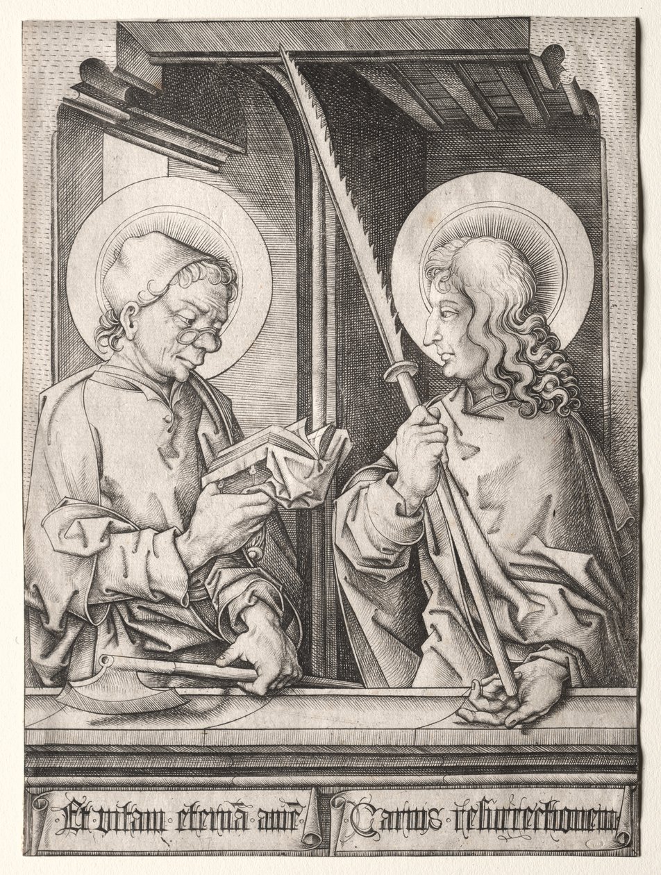 De Twaalf Apostelen bij Gotische Ramen: St. Matthias en St. Judas Thaddaeus door Israhel van Meckenem