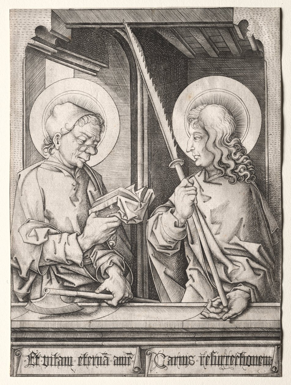 De twaalf apostelen bij gotische ramen: St. Matthias en St. Judas Thaddaeus door Israhel van Meckenem