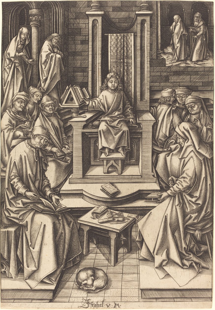 Christus onder de Dokters door Israhel van Meckenem after Hans Holbein the Elder