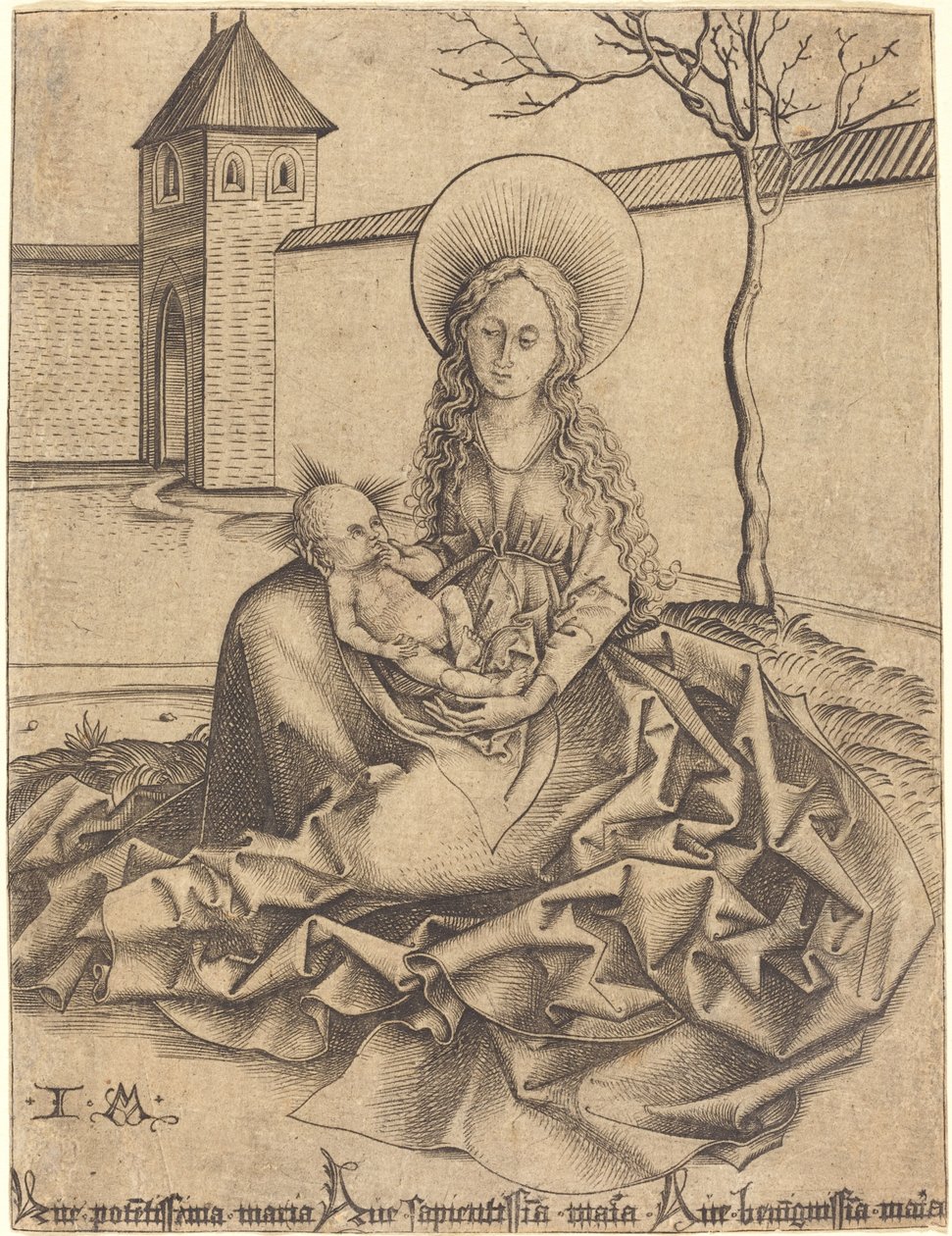Maagd en Kind in een Binnenplaats door Israhel van Meckenem after Martin Schongauer