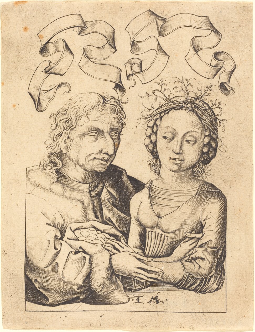 De Dwaze Oude Man en het Jonge Meisje door Israhel van Meckenem after Master of the Housebook