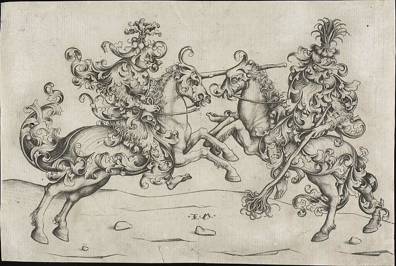 Gevecht van twee wilde mannen te paard door Israhel van Meckenem the younger