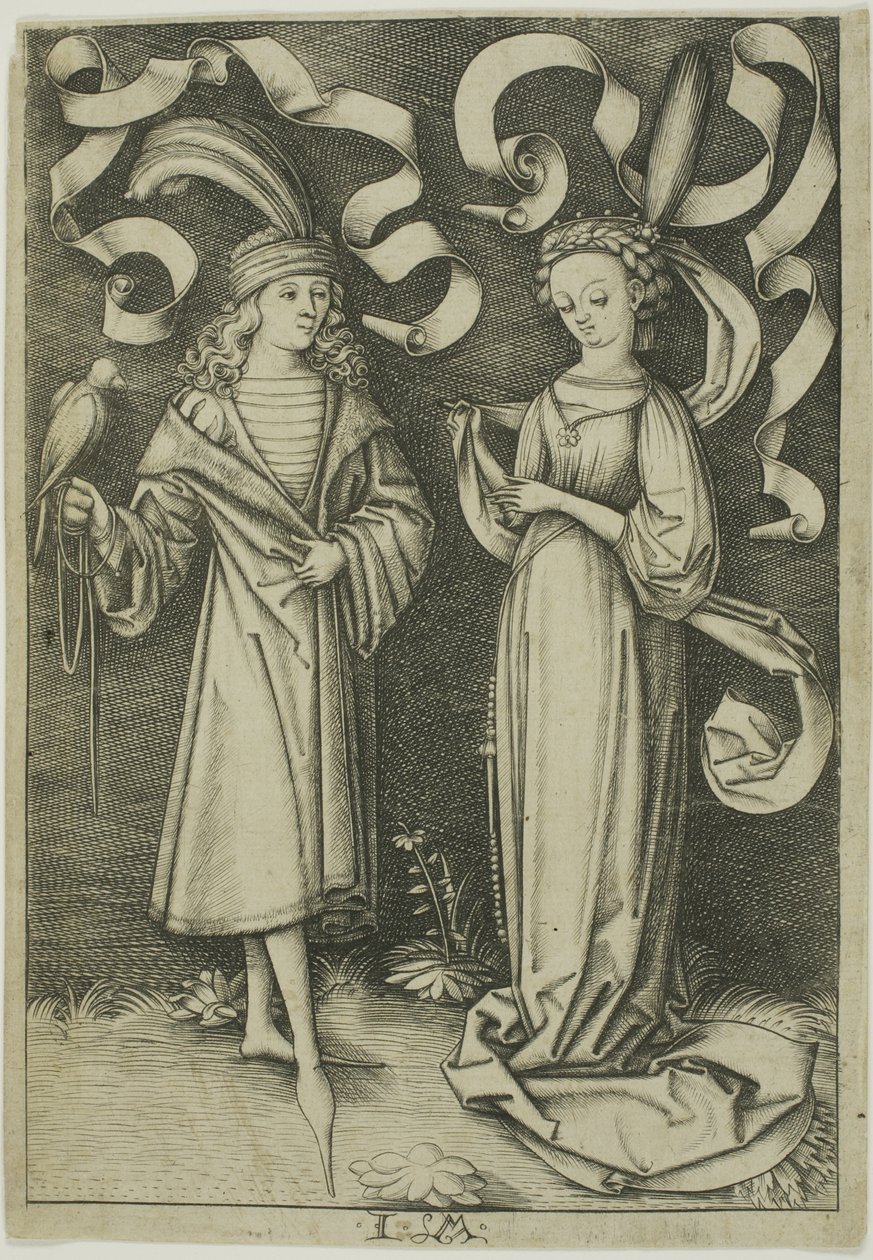 De valkenier en de dame door Israhel van Meckenem the younger