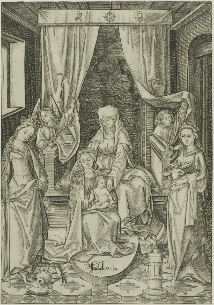 De Madonna met St. Anne, St. Catherine en St. Barbara door Israhel van Meckenem the younger