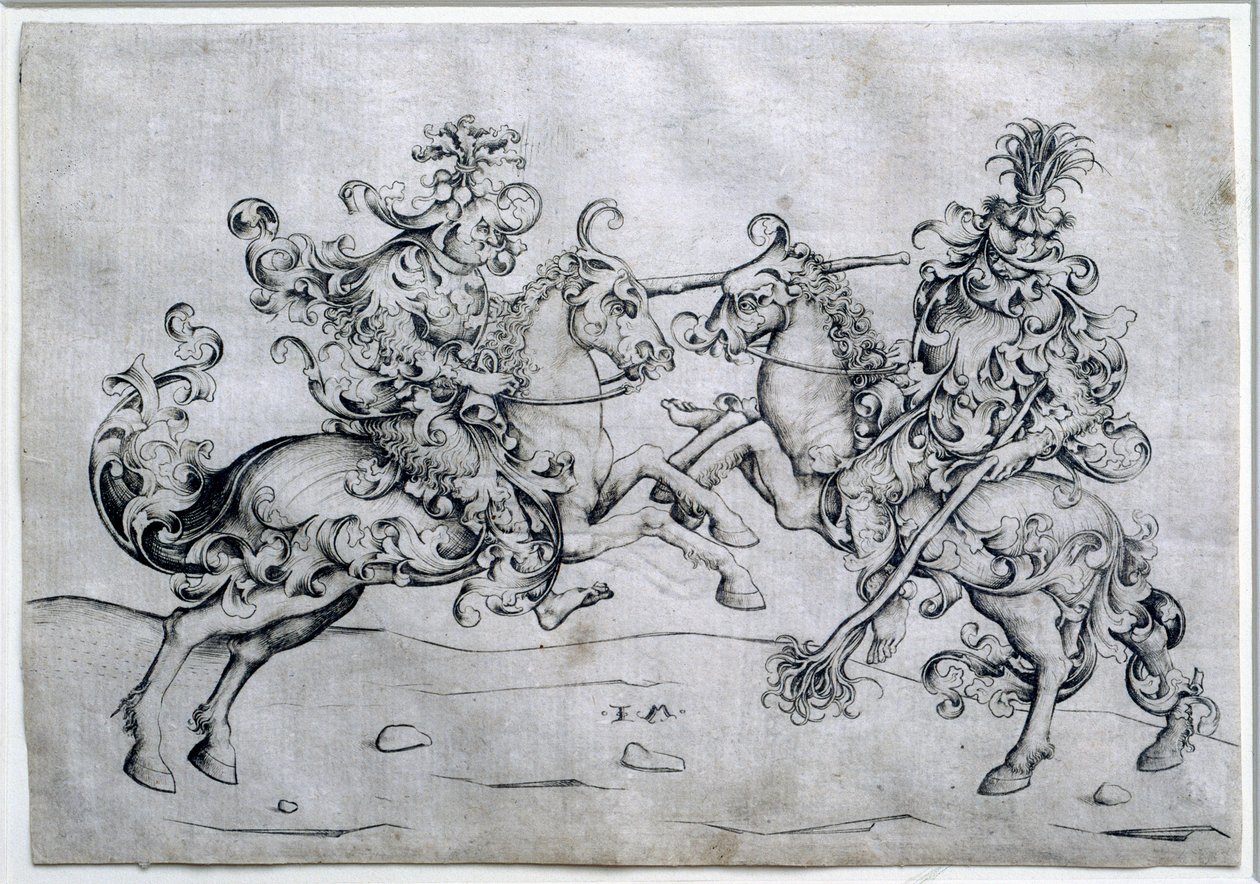 Twee ruiters spelen. Spel van twee mannen te paard. Tekening door Israel Van Meckenem (ca. 1440-1503). Louvre Museum door Israhel van the younger Meckenem