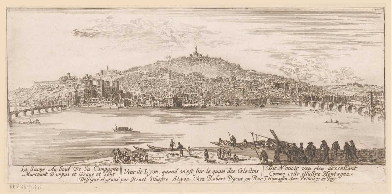 Gezicht op Lyon vanaf de oever bij het celestijnenklooster door Israël Silvestre