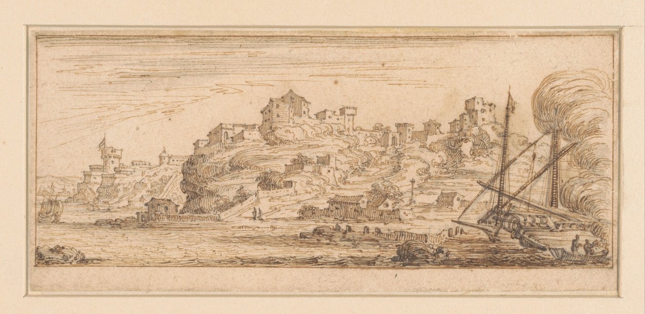 Kustgezicht met rechts een schip dat wordt opgekalefaterd (Ontwerpen voor een prentreeks met kustlandschappen) door Israël Silvestre
